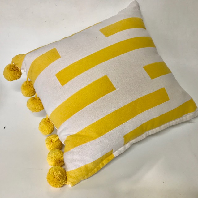 CUSHION, Yellow White w Pom Poms